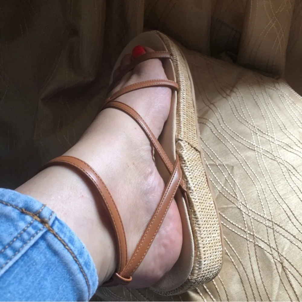 Anne Klein Verano iflex brown‎ beige espadrille wedge Sandals 9.5 New
